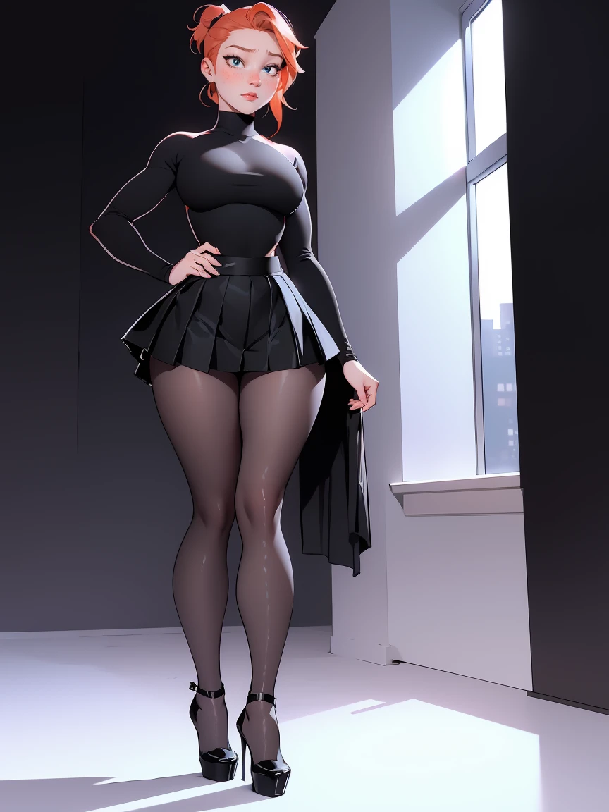 photo of a ginger girl, freckled face, face freckles, rosy, contemptuous look, 1 girl, solo, full body view, ponytail haircut,pale skin, big round , stand sexy pose, beautiful, ((pleated skirt with black tights under skirt)), ((oversized black sweater)), black high heel shoes