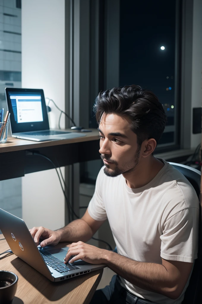 Man works on dell laptop and stays at night