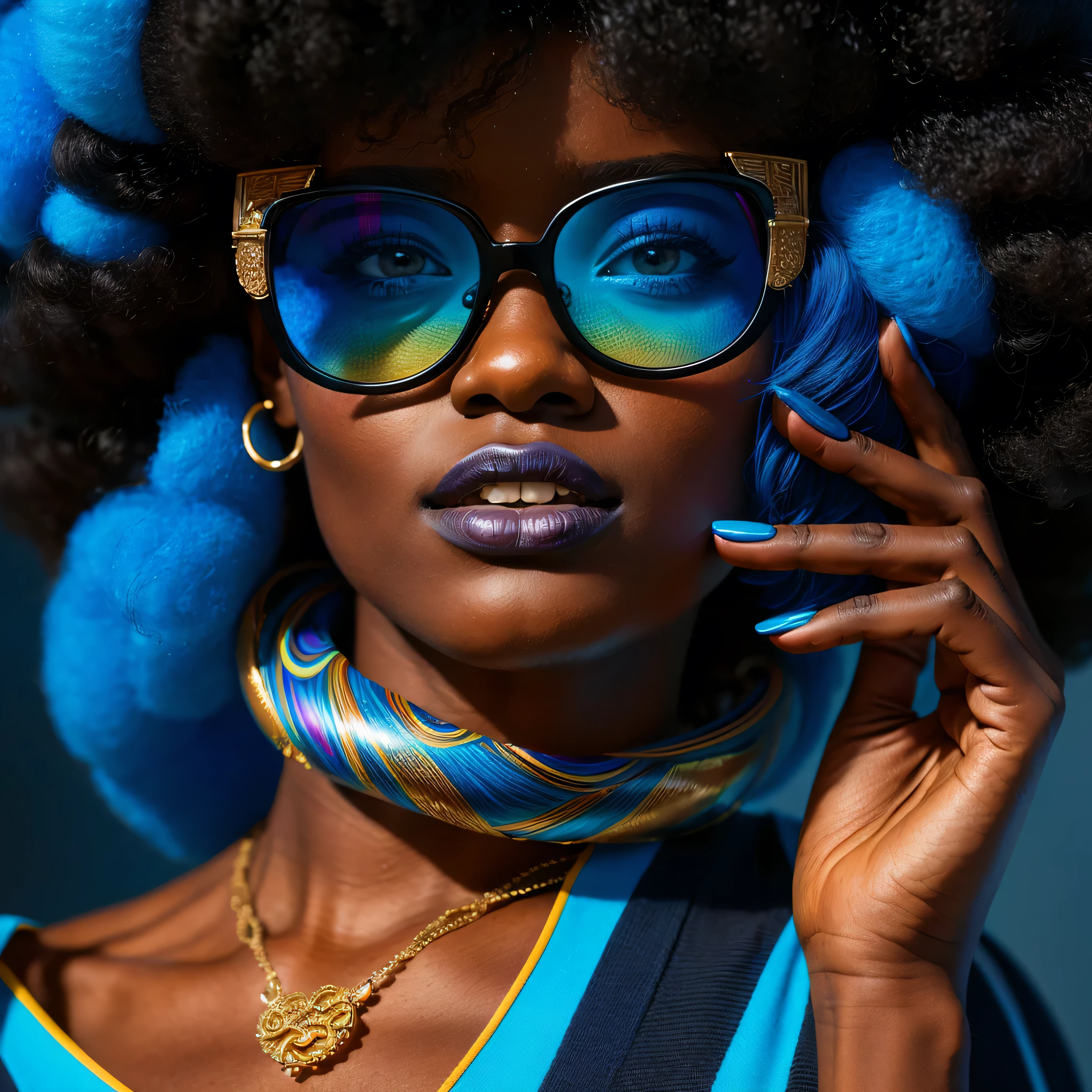 Beautiful black woman with afro hair for advertisement of stylish blue-framed glasses, swirly vibrant colors, hyper realistic art in 4k, hyper realistic hair