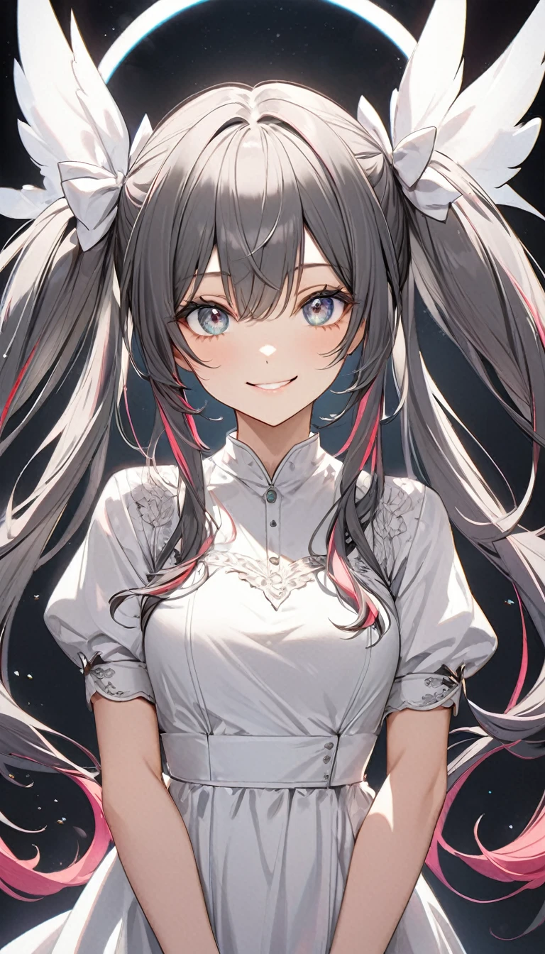 Girl with high twin tails,Colored highlighted hair, dark gray long hair,, highly detailed eyes, White dress, Smile