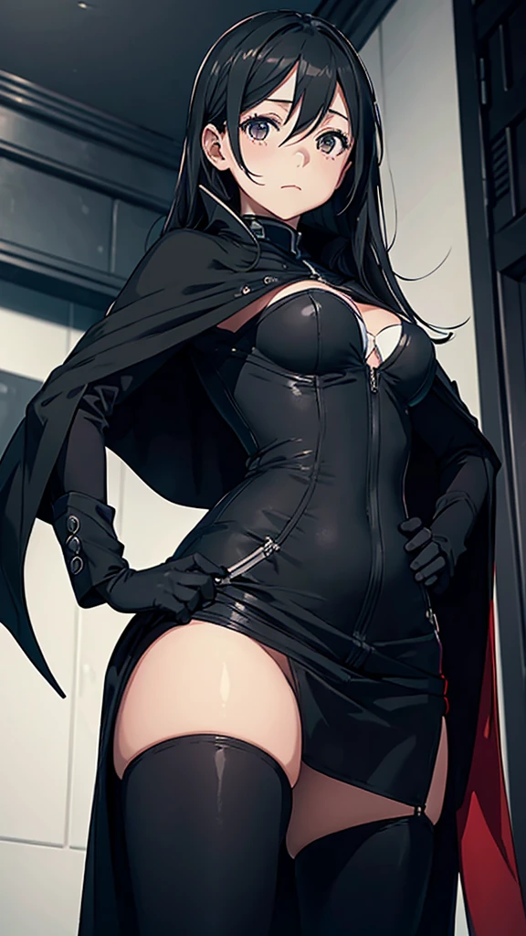 (masterpiece, best quality:1.2), from below, solo, 1girl, ozen, expressionless, closed mouth, looking at viewer, hands on ????, black jacket, cape, black pants, black gloves