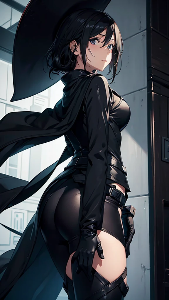 (masterpiece, best quality:1.2), from below, solo, 1girl, ozen, expressionless, closed mouth, looking at viewer, hands on hips, black jacket, cape, black pants, black gloves