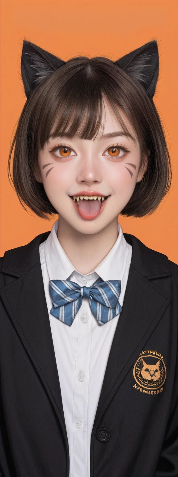 realistic,score_9, score_8_up, score_7_up,
1 girl, alone, Animal ears, bow, teeth, Jacket, Tail, open mouth, brown hair, orange background, bowtie, Orange nail, Simple background, cat ears, Orange Eyes, blue bow, animal ear hair, cat Tail, looking at the audience, Upper body, shirt, Uniforms, hood, striped bow, striped, white shirt, black Jacket, blue bowtie, nail, long sleeve, catwoman, bangs, Fangs, collared shirt, striped bowtie, short hair, Tongue, hoodie, sharp teeth, facial markings, Claw type,masterpiece, best quality,