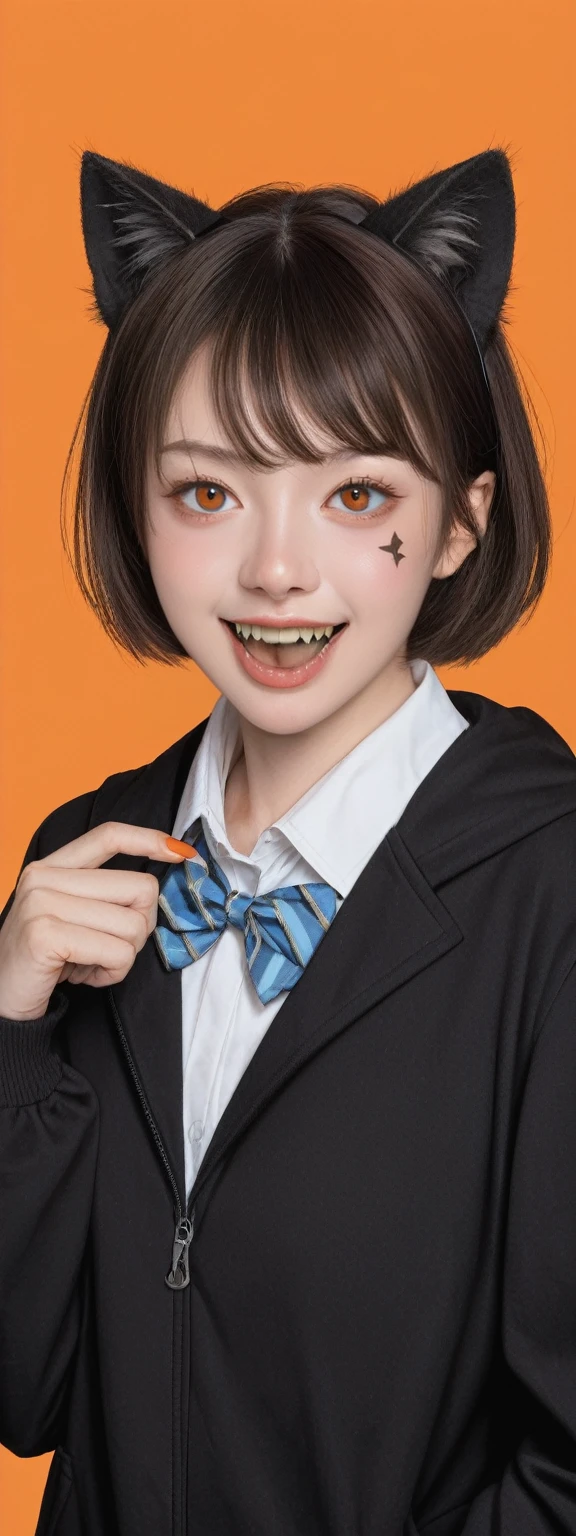 realistic,score_9, score_8_up, score_7_up,
1 girl, alone, Animal ears, bow, teeth, Jacket, Tail, open mouth, brown hair, orange background, bowtie, Orange nail, Simple background, cat ears, Orange Eyes, blue bow, animal ear hair, cat Tail, looking at the audience, Upper body, shirt, Uniforms, hood, striped bow, striped, white shirt, black Jacket, blue bowtie, nail, long sleeve, catwoman, bangs, Fangs, collared shirt, striped bowtie, short hair, Tongue, hoodie, sharp teeth, facial markings, Claw type,masterpiece, best quality,