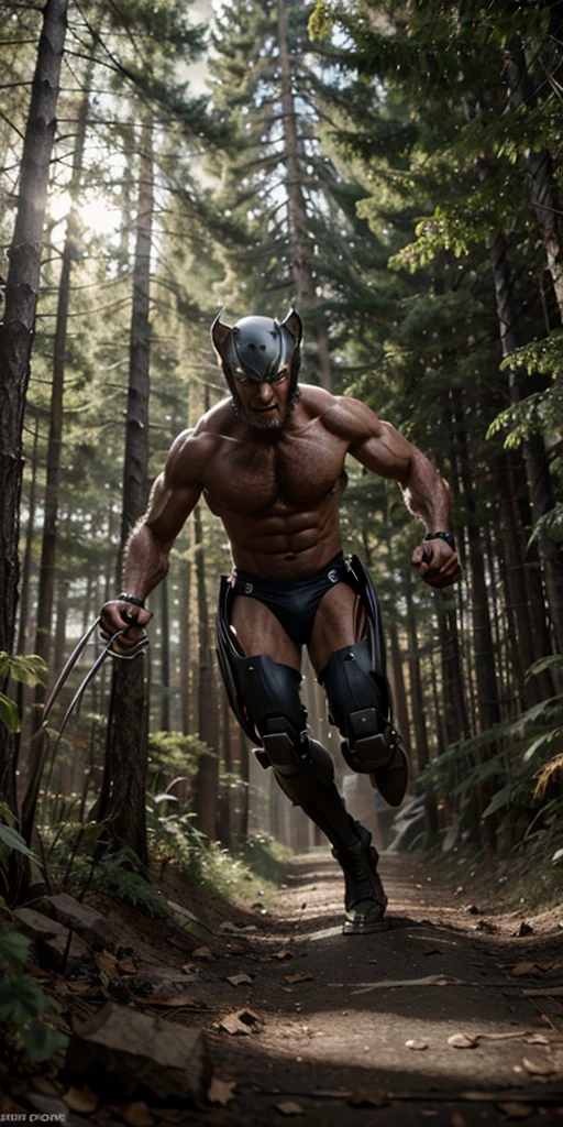 Wolverine weapon x running away, being hunted by robots in the realistic forest, well detailed in 8k