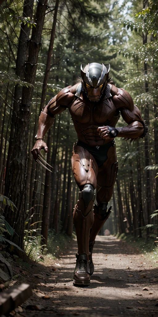 Wolverine weapon x running away, being hunted by robots in the realistic forest, well detailed in 8k