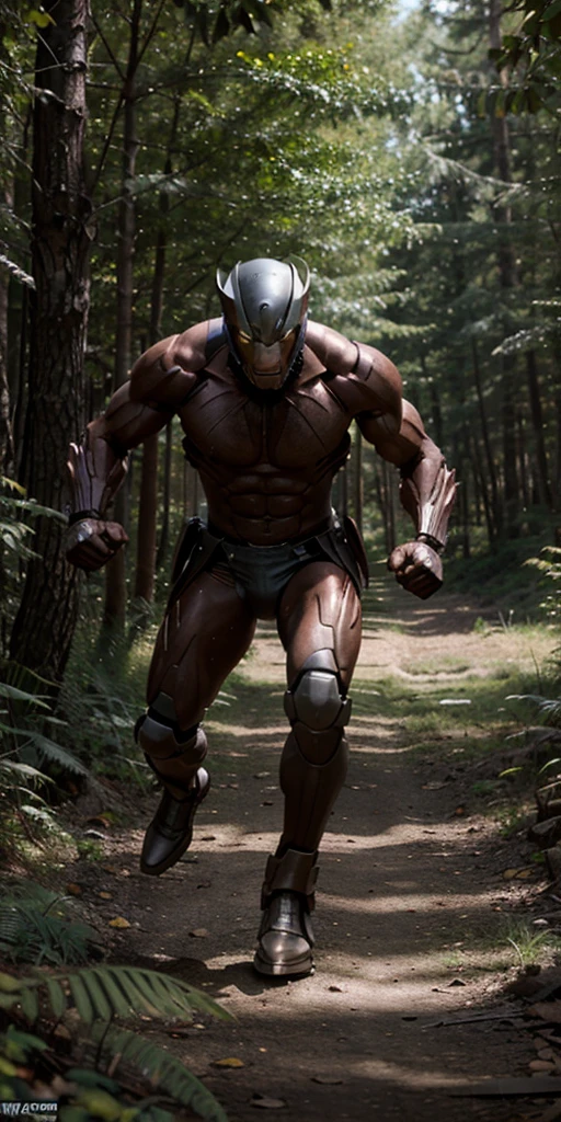 Wolverine weapon x running away, being hunted by robots in the realistic forest, well detailed in 8k