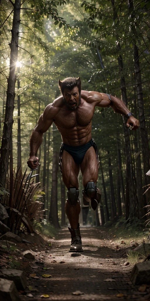 Wolverine weapon x running away, being hunted by robots in the realistic forest, well detailed in 8k