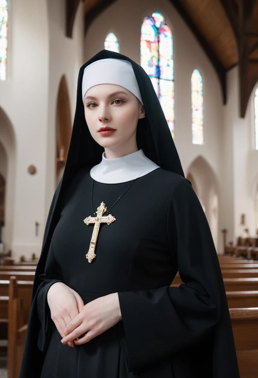 Young woman, pale skin, absolutely beautiful, huge breasts, wide hips, nun habit, (church background) (4k image) (highest quality)