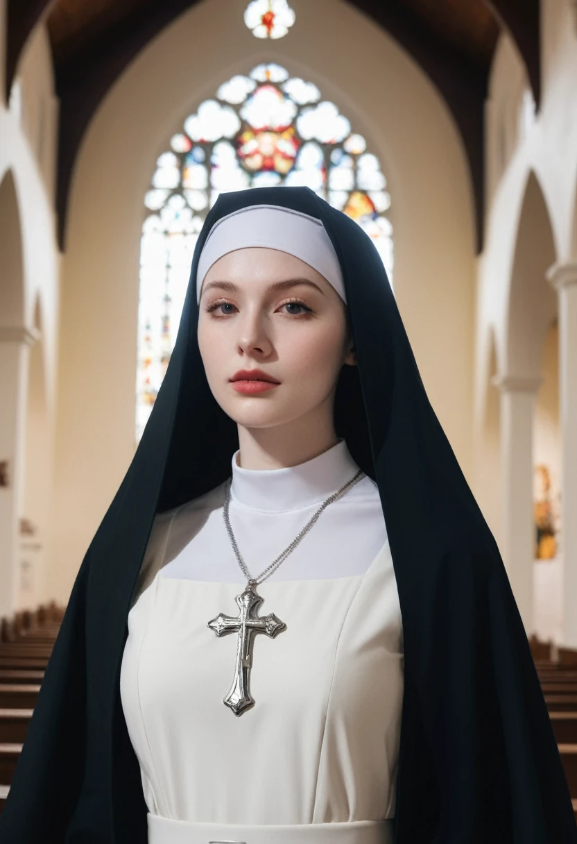 Young woman, pale skin, absolutely beautiful, huge breasts, wide hips, nun habit, (church background) (4k image) (highest quality)