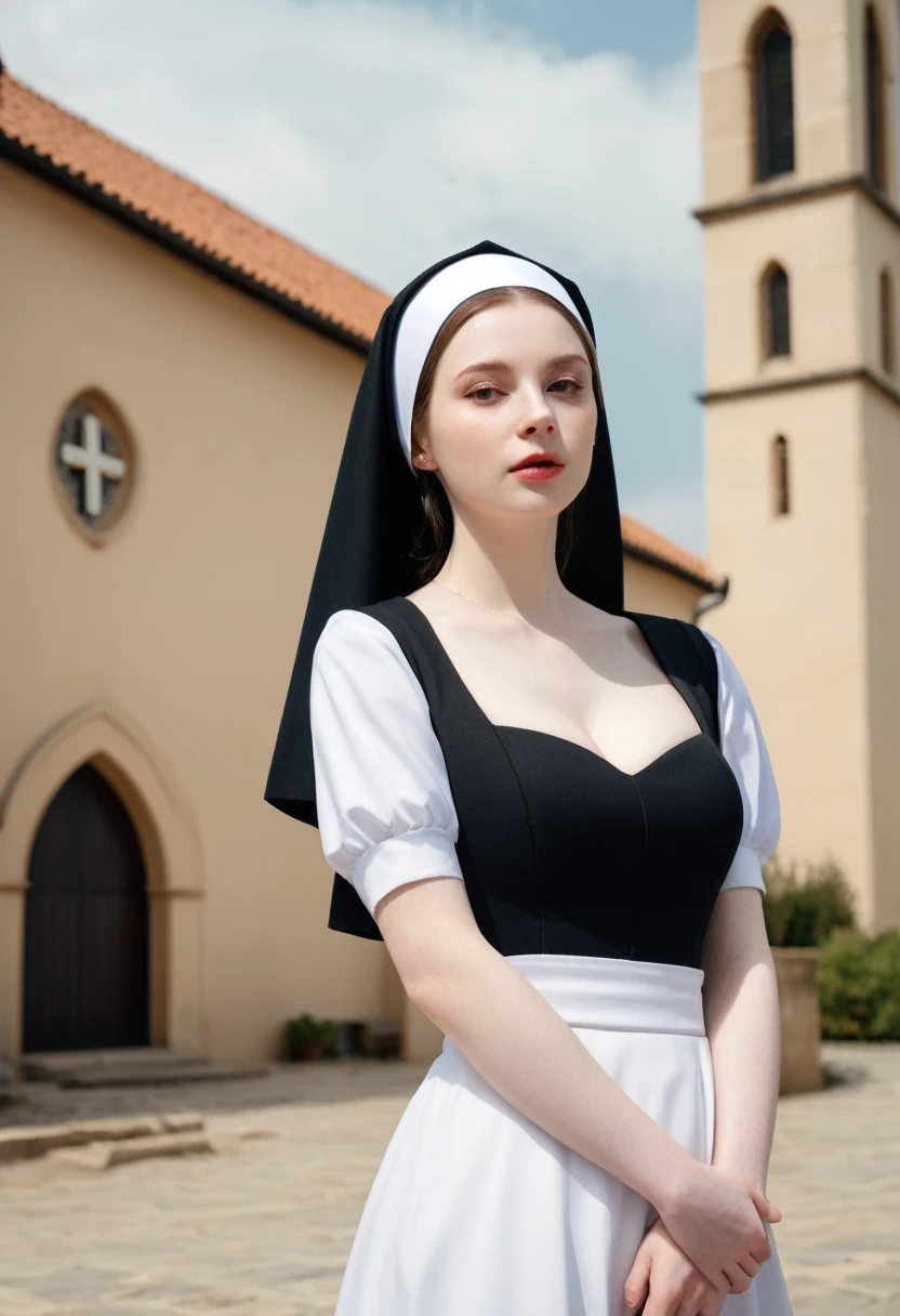  Young woman, pale skin, absolutely beautiful, huge breasts, wide hips, nun habit, (church background) (4k image) (highest quality)