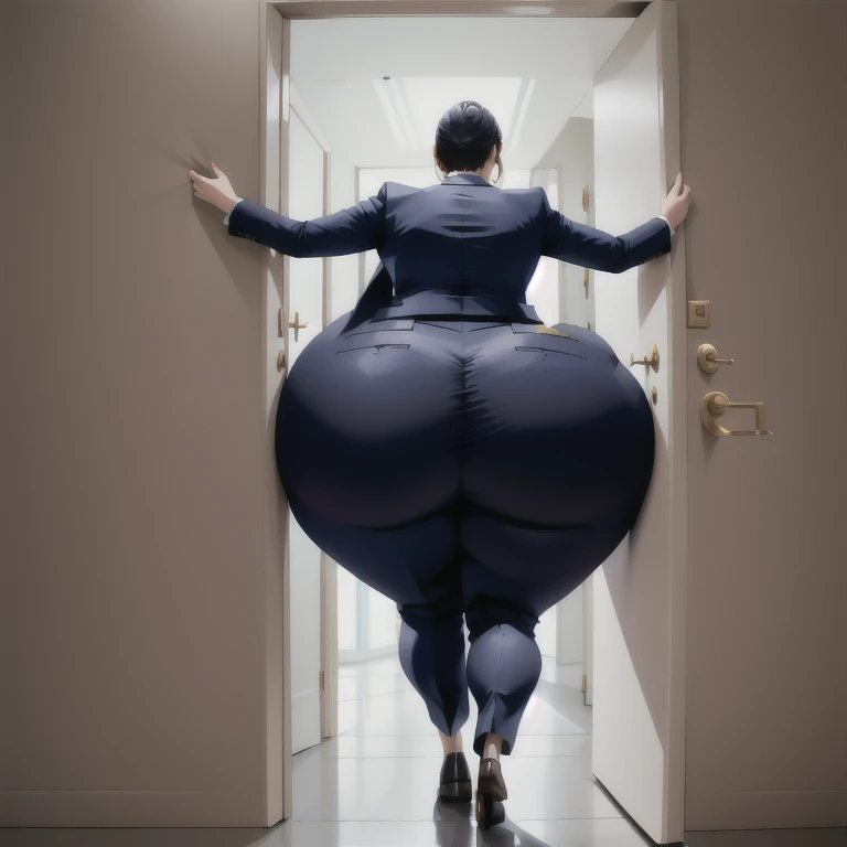 masterpiece, 1girl behind a doorway, from behind, (doorstuck, stuckbehind:1.3), huge hips, round belly, thick thighs, colorful clothing, wearing suit and tie and formal pants, upset, desperately trying to wiggle through, she kicks her legs franticly, she is stuck tight view from behind