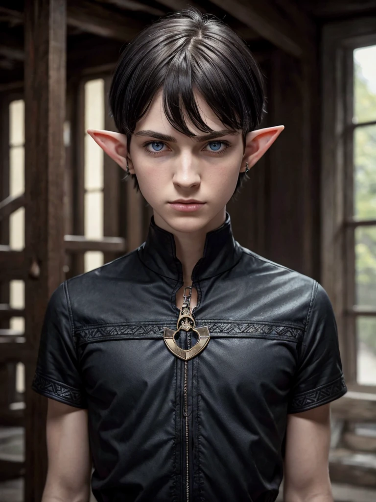 (best quality), 1boy, male, pale skin, black hair, short hair, tousled hair, messy bangs, bangs over eyes, blue eyes, perfect eyes, dark circles under eyes, lanky body, boyish, strong jawline, frown, attractive, (elf), pointed ears, fantasy clothes, masculine body, black nails, black earstuds, masterpiece, anatomically correct, highres