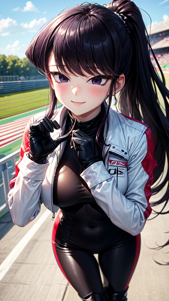 ((perfect hands)), ((perfect anatomy)), (((komi_shouko))), purple hair, ponytail, purple eyes, large breast, blush sports racing car, race track background, smiling, Porsche, sunny, blue sky, detailed hair, sit, 1girl, closed mouth black bodysuit, cropped jacket, white jacket, long sleeves, two-tone gloves, thigh boots, close up