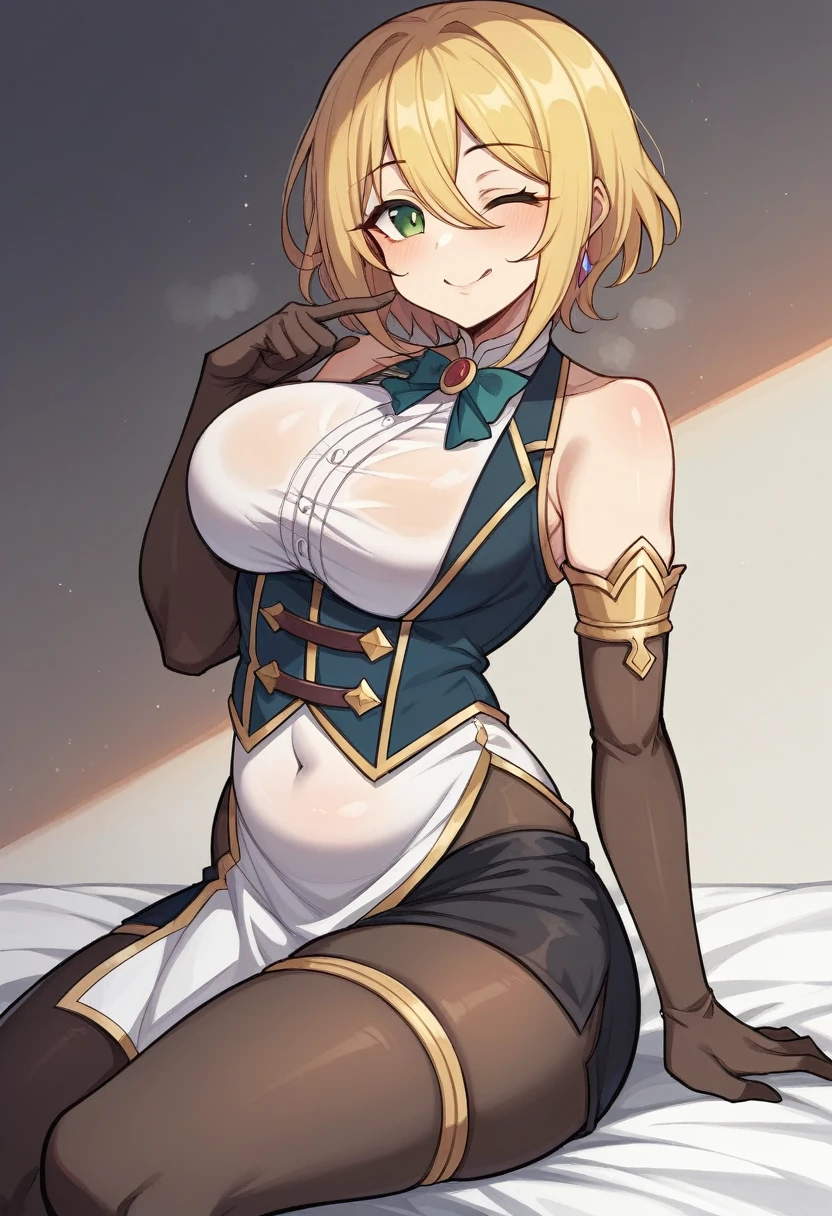 （One girl）、(short hair)、(sidelock)、((Blonde))、Princess Connect、((boyish))、(Big Breasts)、Chubby、beautiful girl、[Big thighs]、Green Eyes、(Healer)、Black Vest、black leggings、White sleeveless、hairs between eyes、(long gloves)、smile、wink、((see-through))