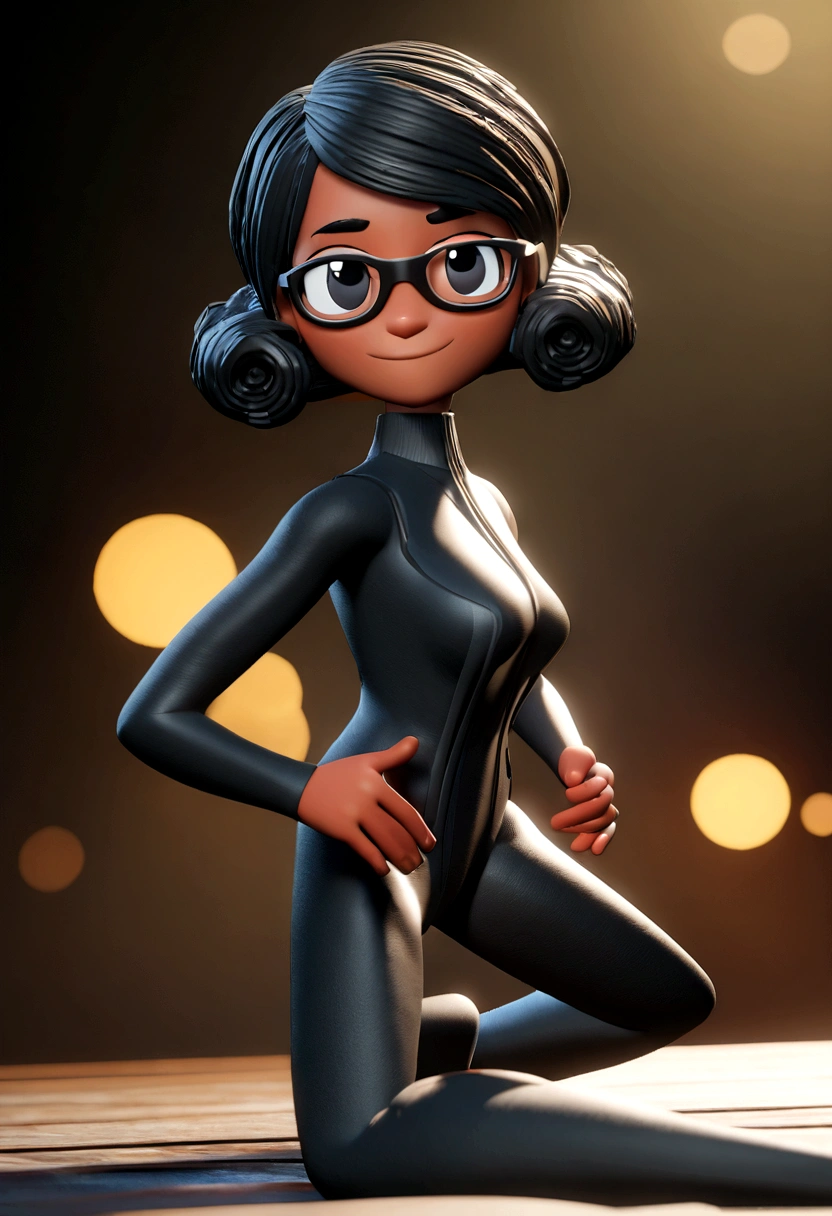 Cartoon character of a black woman in black glasses and black shirt and nude suit, short curly hair, an animated character, stylized character, animation style rendering, 3d stylized, Arnold Maya rendering, Stylized 3D rendering, toon render screenshot, 3d character, 3d character, Stylized 3D rendering, 3D character rendering, cartoon character, Personagem de close up, character posing, (Pixar-style) (master part:1.2) (bokeh) (best qualityer) (skin detailed) (detailed texture) (8K) (Argilla) (cinematic lighting) (sharp focus，Sit down and lift your upper body