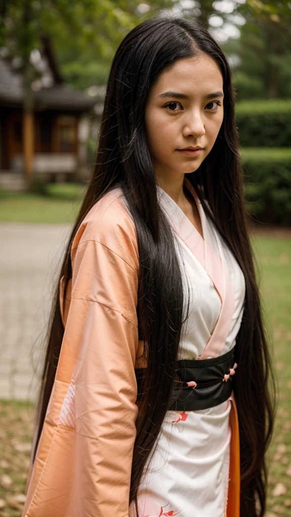 Young girl, Long hair, black hair with orange tips, pink kimono, , appearance of Nezuko Kamado https://images.app.goo.gl/sYUhX1A66RbyFBK7A