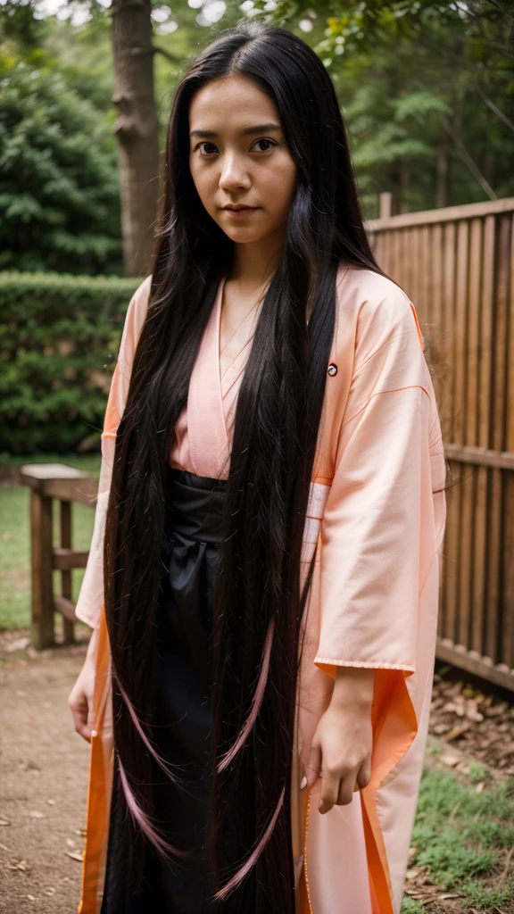 Young girl, Long hair, black hair with orange tips, pink kimono, , appearance of Nezuko Kamado https://images.app.goo.gl/sYUhX1A66RbyFBK7A