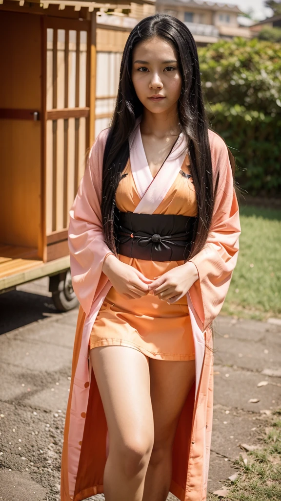 Young girl, Long hair, black hair with orange tips, pink kimono, , appearance of Nezuko Kamado https://images.app.goo.gl/sYUhX1A66RbyFBK7A