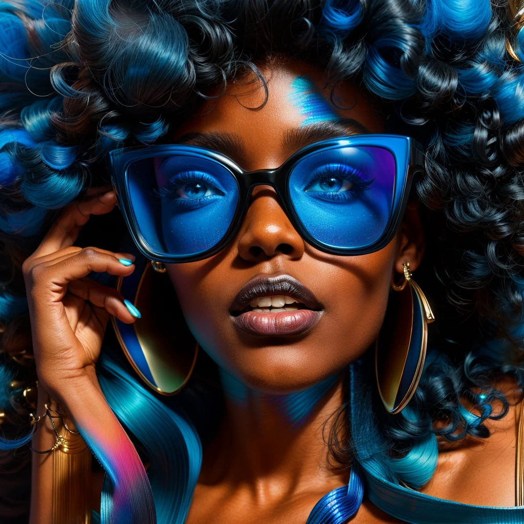 Beautiful black woman with afro hair for advertisement of stylish blue-framed glasses, swirly vibrant colors, hyper realistic art in 4k, hyper realistic hair