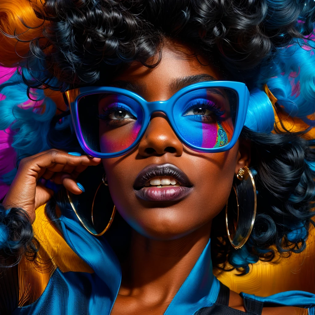 Beautiful black woman with afro hair for advertisement of stylish blue-framed glasses, swirly vibrant colors, hyper realistic art in 4k, hyper realistic hair
