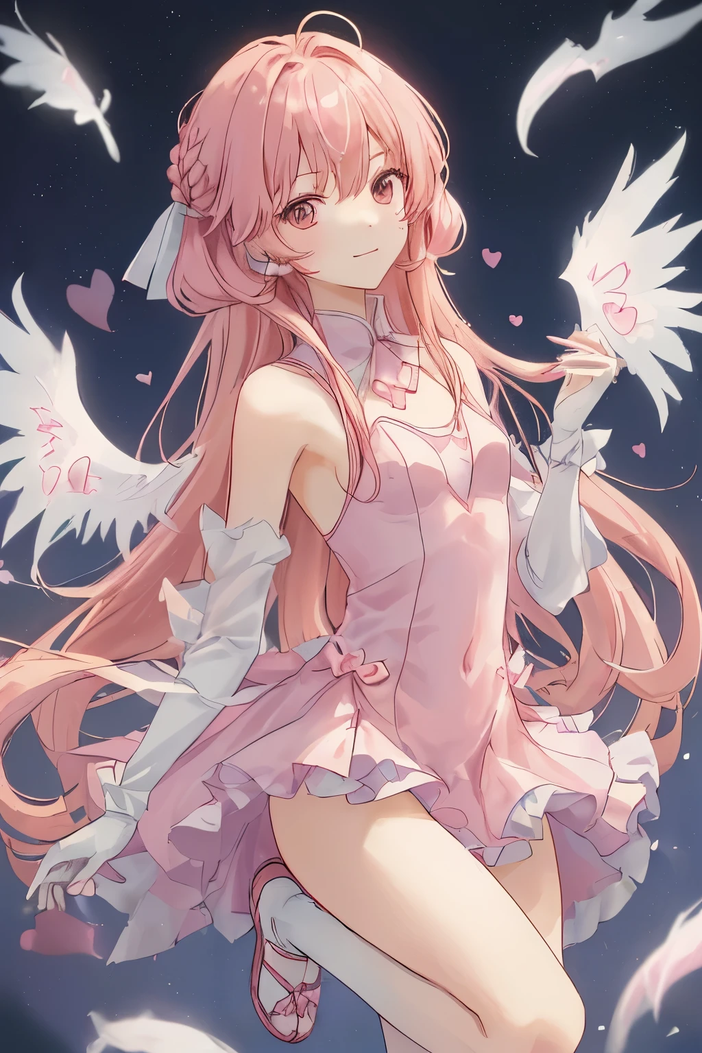 1_girl, (anime, kawai:2), (masterpeice, best_quality, simple, cute, dreamy, vibrant, clean:1.5), (cute, cute_smile, young:1.8), (delicate, beautiful, thin:1.5), (girlfriend, angel:1.6), (green_eyes, simple_eyes:1.5) (long_hair, blond_hair, wearing_pink_dress, pink_angel_wings, sexy_gloves:1.8), extremely_delicate, (love_magic:1.5), (age_size_fits_body), (small_thighs:1.3), (), (eye_level:1.3), (heart_magic, love:1.5), (dancer:1.3)