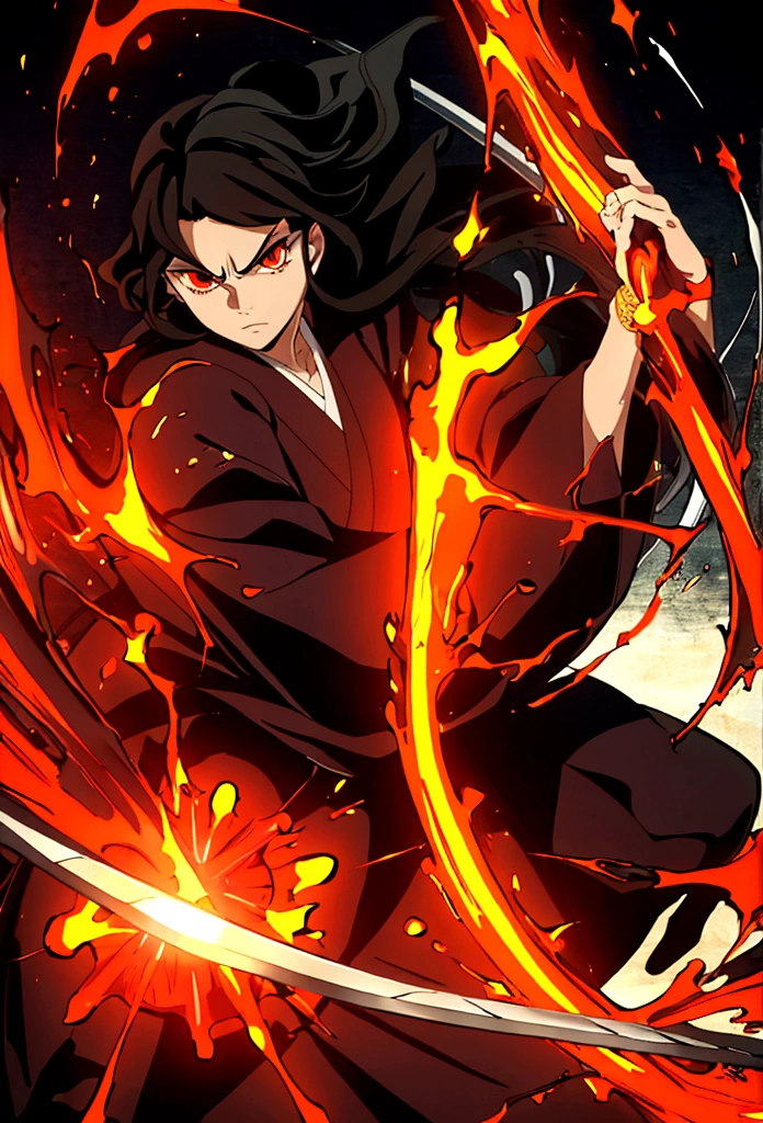 Kizi, anime styling, curly black hair, average, Coke, kimono black, fire orange details, holding sword in hand, hashira, eyes black, serious expression, struggling pose
