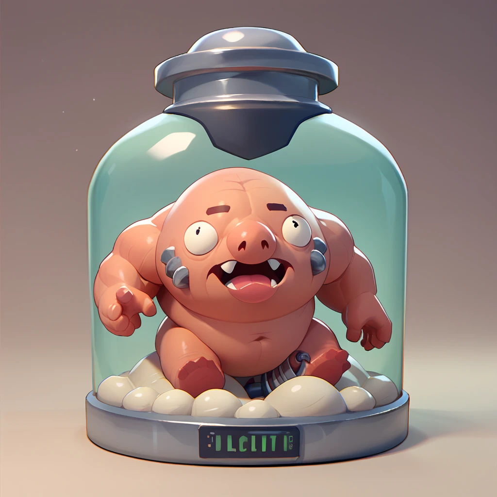 a blob creature in an incubator, muscular arm, nuclear incubator