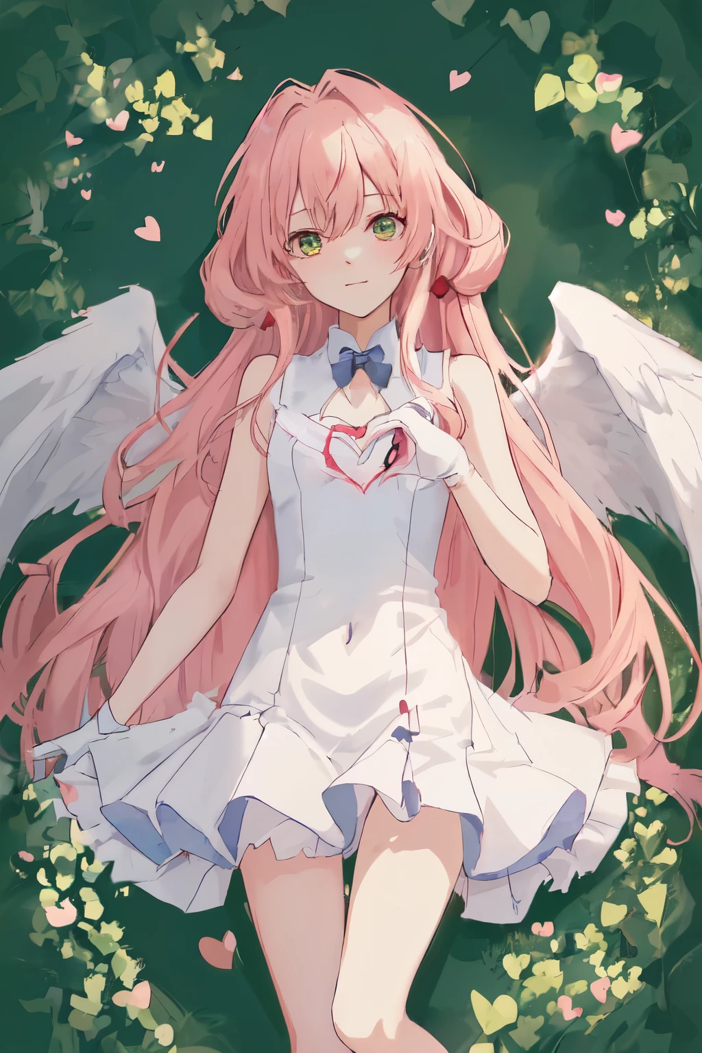 1_girl, (anime, kawai:2), (masterpeice, best_quality, clean:1.5), (sky_background:1.2), (cute, cute_smile, young:1.5), (delicate, extremely_delicate, beautiful, thin:1.5), (girlfriend, angel:1.8), (green_eyes, simple_eyes:1.8) (long_hair, blond_hair, wearing_pink_dress, pink_angel_wings, sexy_gloves:1.5), extremely_delicate, (love_magic:1.5), (age_size_fits_body), (small_thighs:1.3), (breasts), (eye_level:1.3), (heart_magic, love:1.5), (folded_legs:1.5)