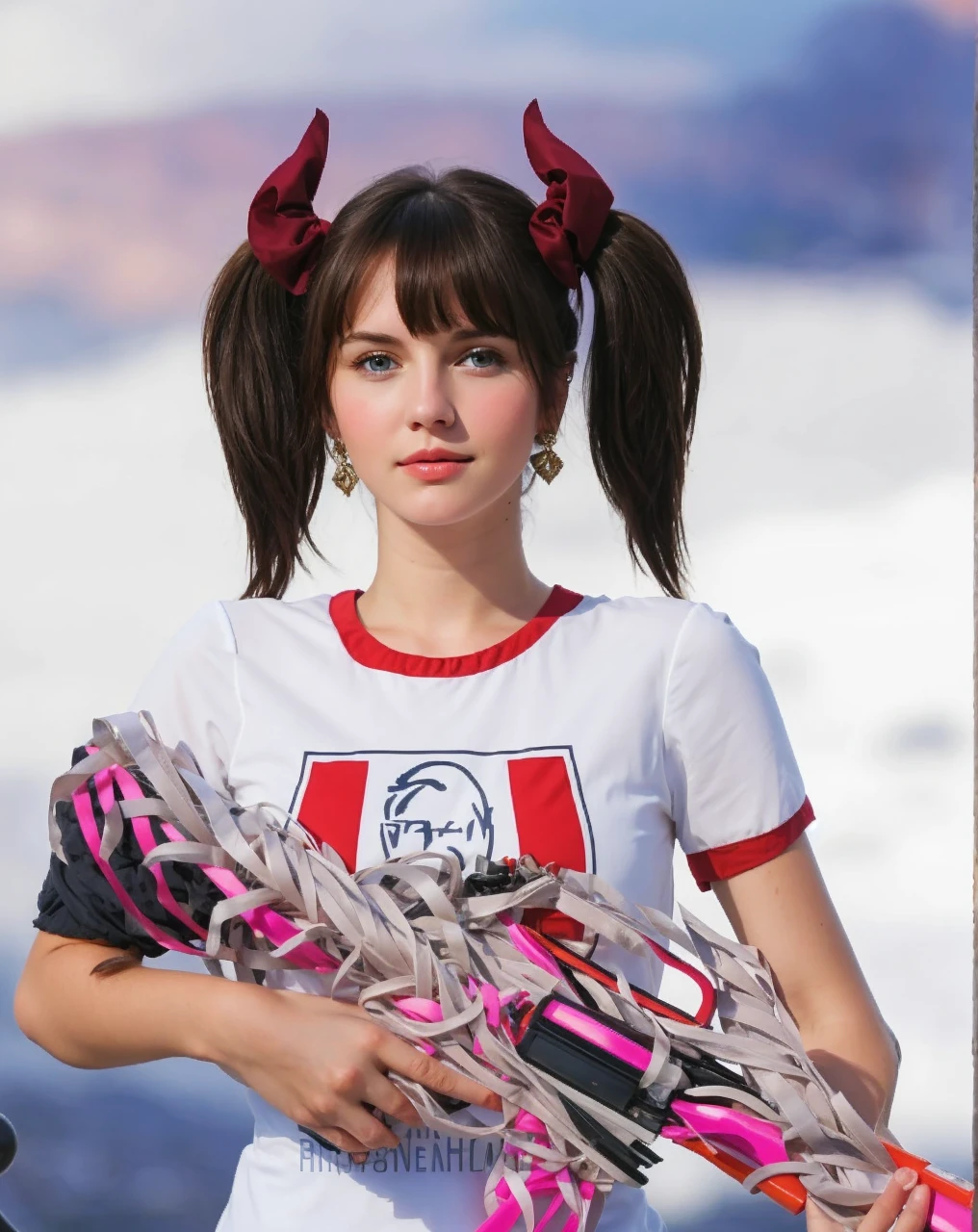 Beautiful European girl with blue eyes light blush pretty white bangs short wavy brown hair