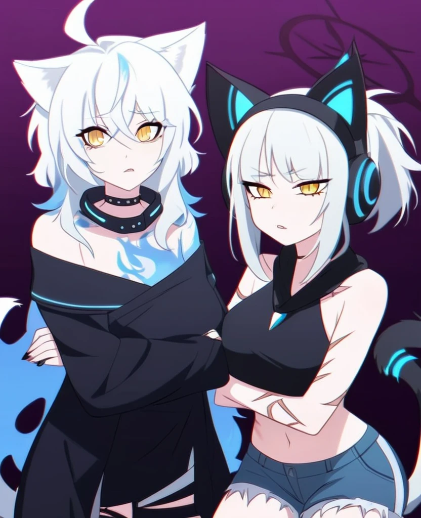 Make me a VTuber design. A girl with a mature body. {Short, messy, spiky white hair with blue fire on the ends.} {Cat ears with blue fire in the middle of them instead of fluff.} {A cat tail with blue fire at the end.} Yellow eyes with, scars on her body. {A goth/rockstar wearing shorts like outfit that’s blue and black with headphones that match, draped around her neck.} Fire tattoos. Blue fire cat DJ/Singer. One person only, {blue fire only}. {Blue fire inside her cat ears} A stoic expression.