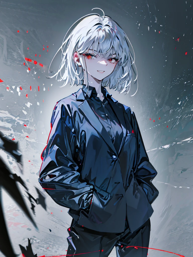 1girl, ************, high-school teenage girl, short white hair, bangs, red eyes, (best quality,8k,highres,masterpiece), confident, evil smile, flat chest, cool, observe, arrogant, thoughtful, lazy, solo, Best Quality, High resolution, Extremely detailed, Detailed background, anatomically correct, Perfect Lighting, black blazer, plain shirt inside blazer, high waist black loose pants, street, hand in pocket, detailed face, detailed eyes, detailed lips, detailed nose, realistic, photorealistic, HDR, UHD, studio lighting, ultra-fine painting, sharp focus, physically-based rendering, extreme detail description, professional, vivid colors, intricate details, flat , no big 