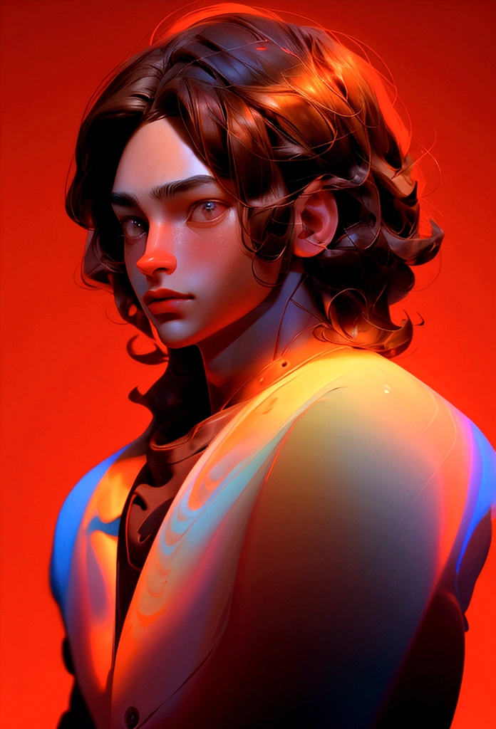 (Artwork, best quality) ,close shot, 1 man, brown hair, red eye, gradient red background, sunlight, masterpiece, digital art, effects light, vibrant colors