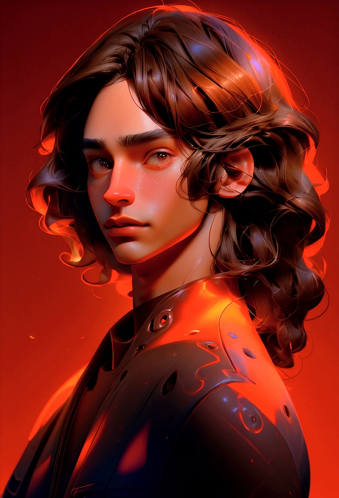 (Artwork, best quality) ,close shot, 1 man, brown hair, red eye, gradient red background, sunlight, masterpiece, digital art, effects light, vibrant colors