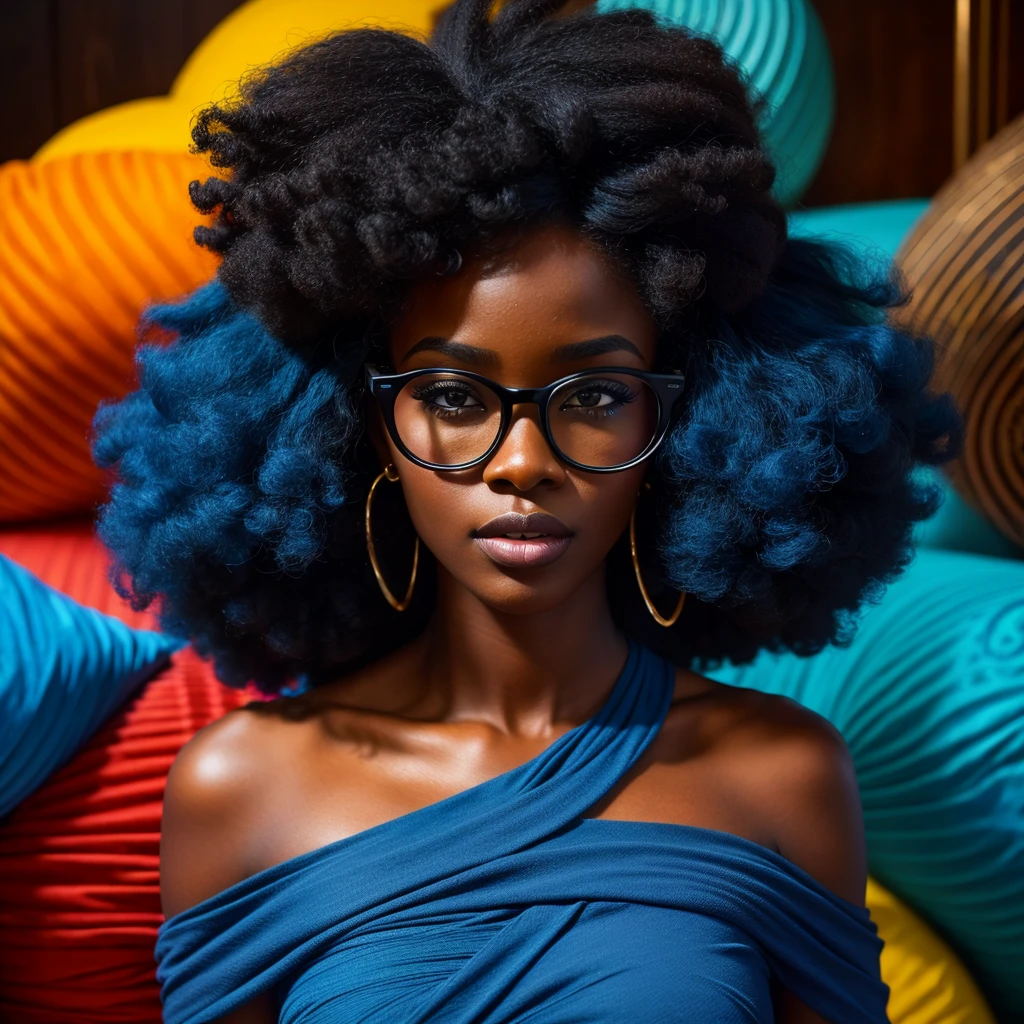 Beautiful black woman with afro hair for advertisement of stylish blue-framed glasses, swirly vibrant colors, hyper realistic art in 4k, hyper realistic hair