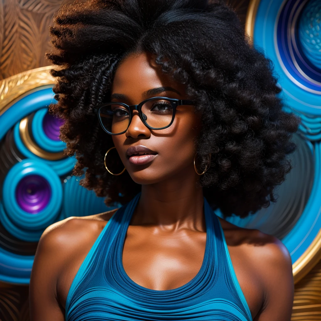 Beautiful black woman with afro hair for advertisement of stylish blue-framed glasses, swirly vibrant colors, hyper realistic art in 4k, hyper realistic hair