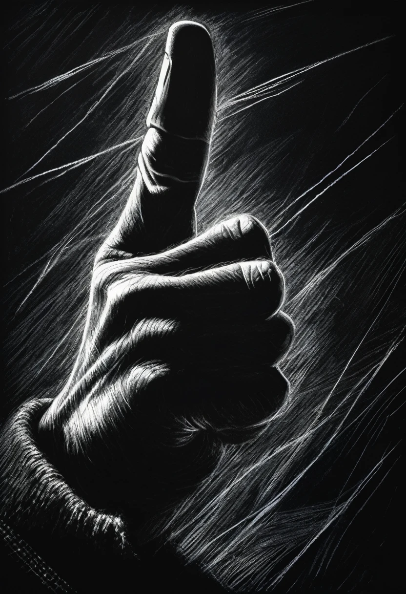 a hand showing middle finger gesture, sketching, drawing with white chalk on black board background, detailed textures and lines, realistic style, hyperrealistic, highly detailed, chiaroscuro lighting, dramatic shadows, intricate details, textural depth, matte finish, grunge, monochromatic, moody atmosphere, cinematic composition, strong contrast, masterpiece, best quality, 8k