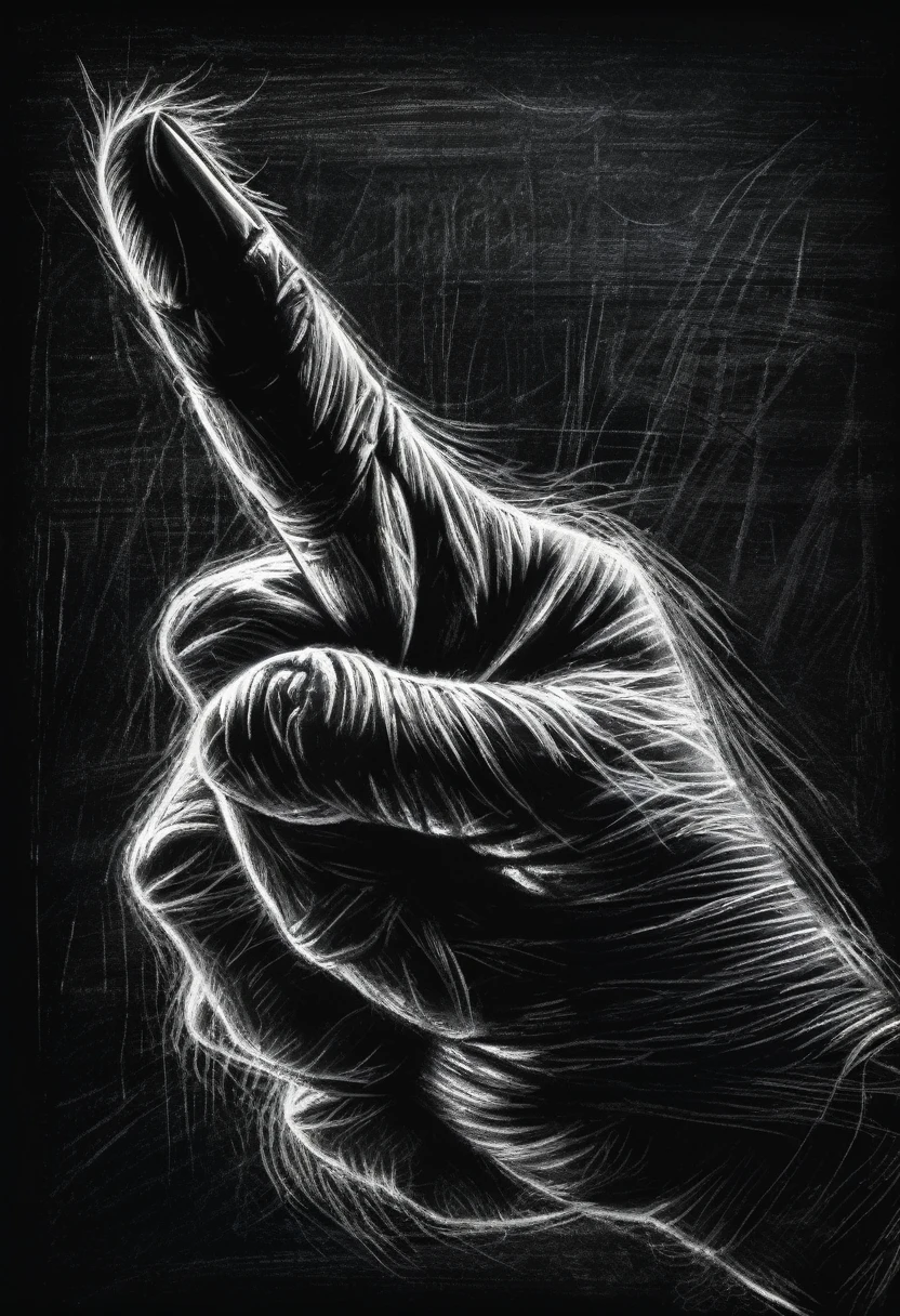 a hand showing middle finger gesture, sketching, drawing with white chalk on black board background, detailed textures and lines, realistic style, hyperrealistic, highly detailed, chiaroscuro lighting, dramatic shadows, intricate details, textural depth, matte finish, grunge, monochromatic, moody atmosphere, cinematic composition, strong contrast, masterpiece, best quality, 8k