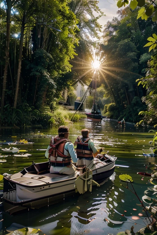 River, turn of the bank overgrown with forest, kayak with two man and woman, sunset, birds, water lilies, (the boat is sailing to the right:1.9), towards the viewer,