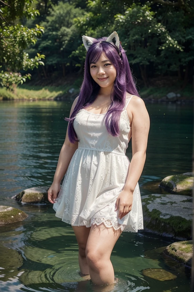 A young Asian woman with a slightly chubby build standing by the edge of a body of water, perhaps a lake or river. She has a purple fox ear on her head and a smiling face. She appears to be wearing a white lace dress and has long purple hair that merges into what looks like a tail, giving her a mythical creature vibe. The background is serene, with trees surrounding the water, making this image intriguing due to its fantasy quality and peaceful atmosphere