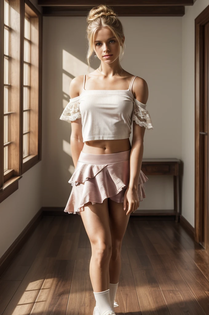 score_9, score_8_up, score_7_up, score_6_up, score_5_up, score_4_up, (8k, hd, best quality, masterpiece), (extremely detailed: 1.0), (ultra hyper-realistic photo: 1.3), (large and traditional dance studio, windows high, wooden floor in shiny waxed planks), (dramatic, theatrical cinematic lighting, strong dark contrasts, rays of sun enter through the window: 1.2)... (in the center of the room a beautiful young blonde, delicate appearance of an innocent doll, body small thin: 1.3), (hair tied in a bun tied with satin ribbons), (posture in an aplamb, erect and elongated body, head held high while maintaining balance), (wearing a wide cropped t-shirt, ripped off the shoulder and a layered pink tutu skirt with long lace edge socks)