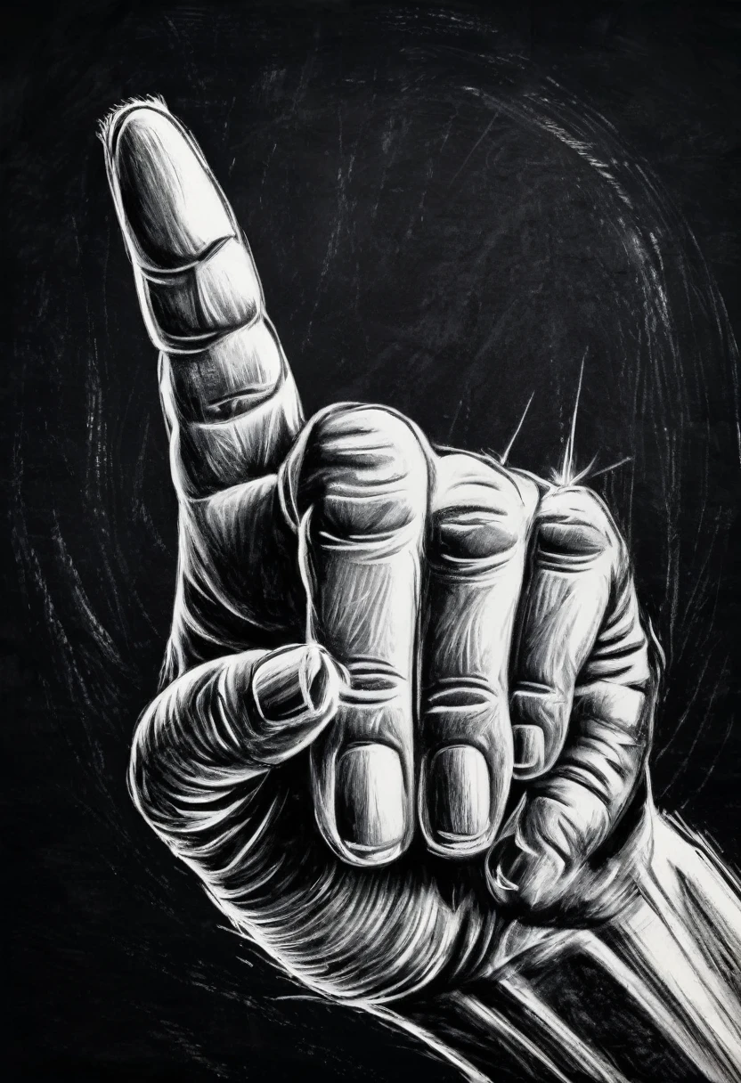 Hand showing middle finger gesture, sketching, drawing with white chalk on black board background. Detailed textures and lines, realistic style.