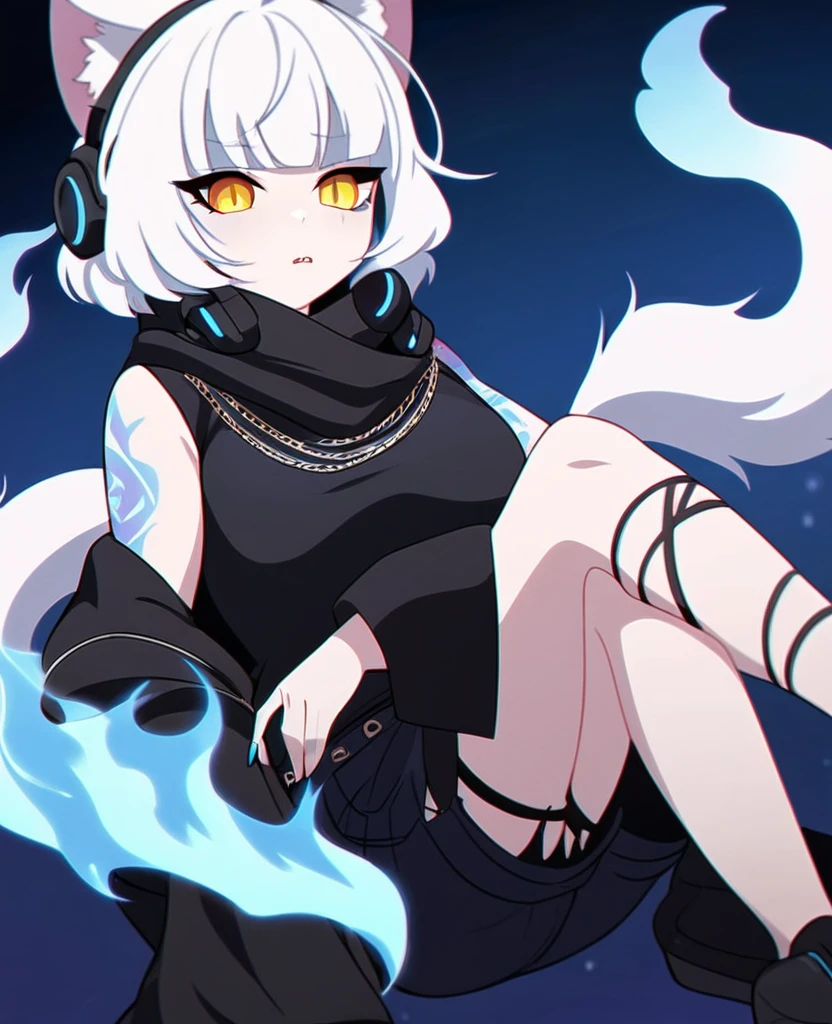 Make me a VTuber design. A girl with a mature body. {Short, messy, spiky white hair with blue fire on the ends.} {Cat ears with blue fire in the middle of them instead of fluff.} {A cat tail with blue fire at the end.} Yellow eyes with, scars on her body. {A goth/rockstar wearing shorts like outfit that’s blue and black with headphones that match, draped around her neck.} Fire tattoos. Blue fire cat DJ/Singer. One person only, {blue fire only}. {Blue fire inside her cat ears} A stoic expression.