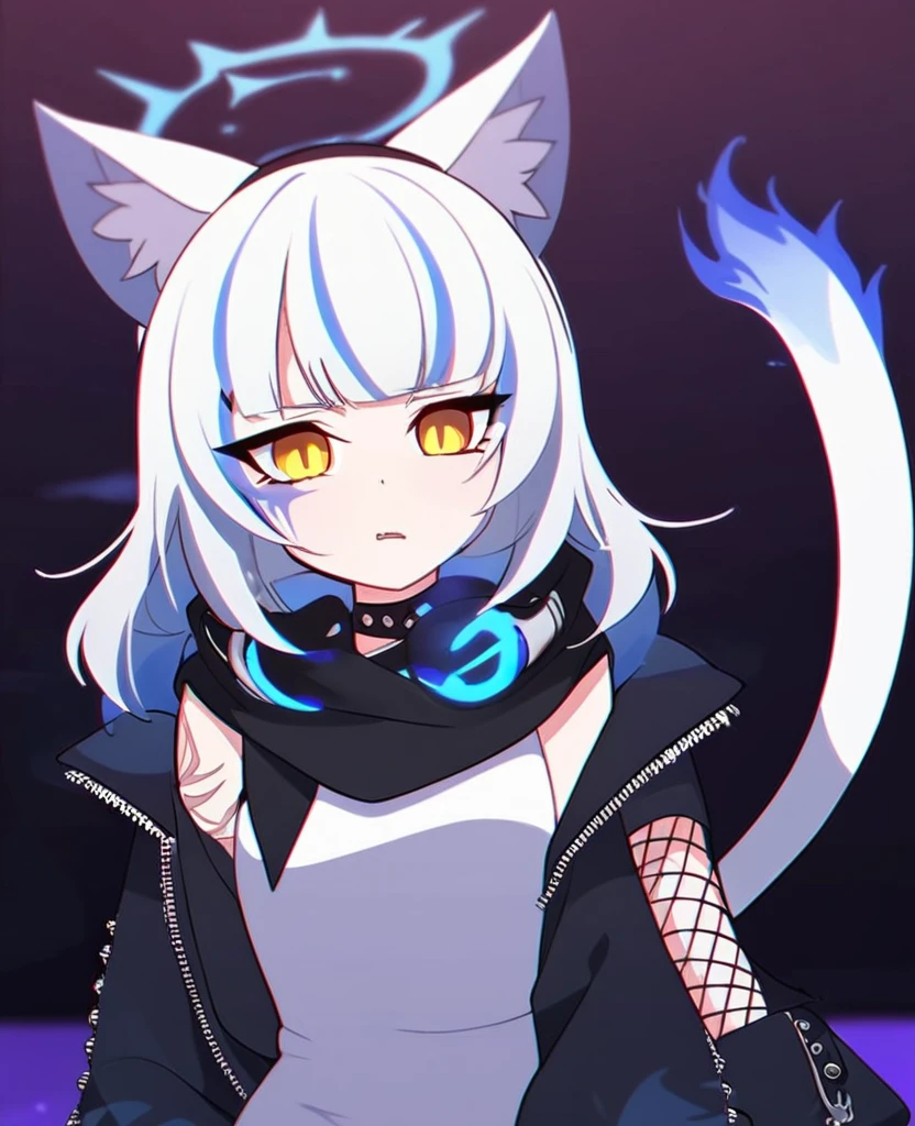 Make me a VTuber design. A girl with a mature body. {Short, messy, spiky white hair with blue fire on the ends.} {Cat ears with blue fire in the middle of them instead of fluff.} {A cat tail with blue fire at the end.} Yellow eyes with, scars on her body. {A goth/rockstar wearing shorts like outfit that’s blue and black with headphones that match, draped around her neck.} Fire tattoos. Blue fire cat DJ/Singer. One person only, {blue fire only}. {Blue fire inside her cat ears} A stoic expression.