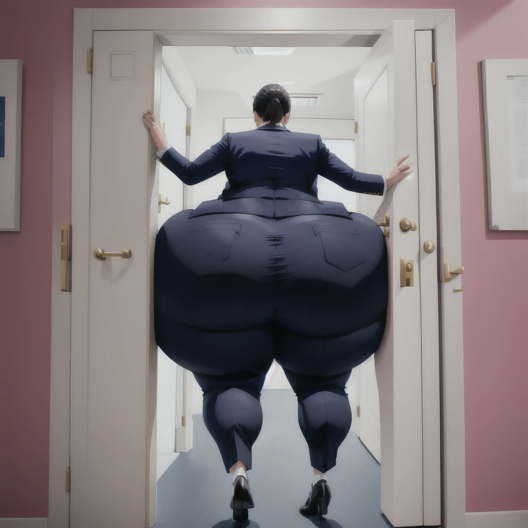 masterpiece, 1girl behind a doorway, from behind, (doorstuck, stuckbehind:1.3), huge hips, round belly, thick thighs, colorful clothing, wearing suit and tie and formal pants, upset, desperately trying to wiggle through, she is kicking her legs  franticly, she is stuck tight view from behind