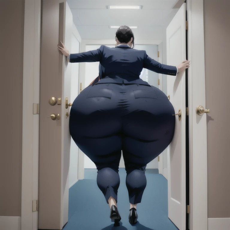 masterpiece, 1girl behind a doorway, from behind, (doorstuck, stuckbehind:1.3), huge hips, round belly, thick thighs, colorful clothing, wearing suit and tie and formal pants, upset, desperately trying to wiggle through, she is kicking her legs franticly, she is stuck tight view from behind