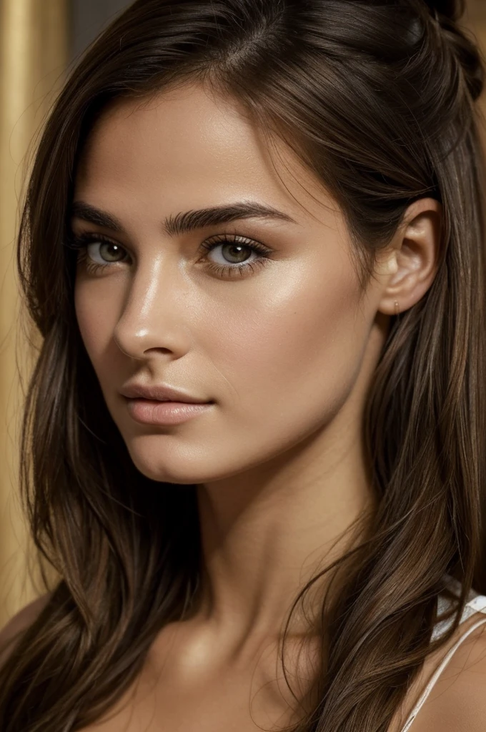 ((best quality)), ((masterpiece)), (detailed), perfect, une femme de 20 ans, épaule dénudé, cheveux brun, poitrine imposante, yeux marron, bronzé, type latina portugaise, en portrait très réaliste