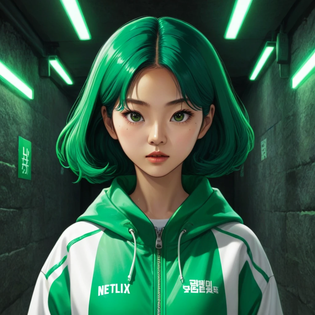 Hoyeon Jung, korean woman, 1 woman wearing green and white jacket, netflix, squid game, Kang Sae-byeok, make sure the exact writting between parenthesis (067) appears on the top left of the jacket, in a stone arena, front view
