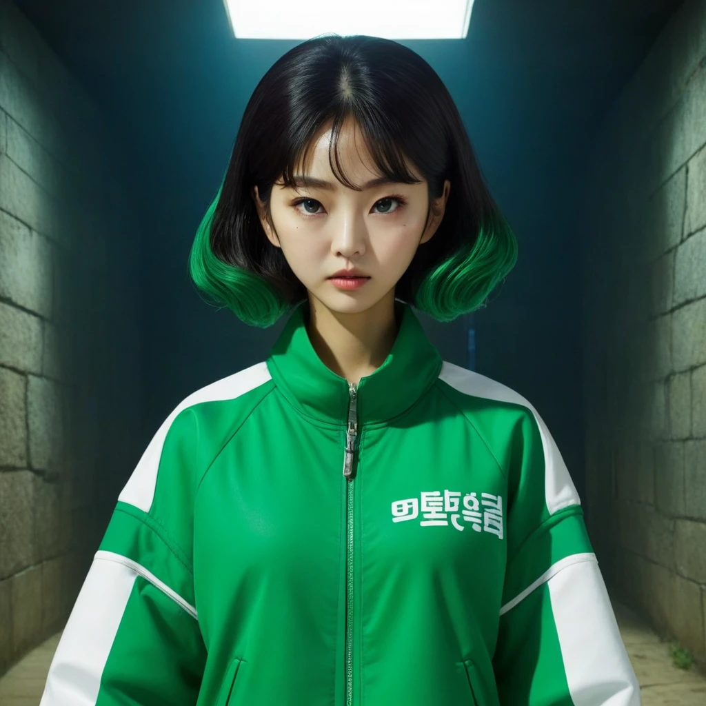 Hoyeon Jung, korean woman, 1 woman wearing green and white jacket, netflix, squid game, Kang Sae-byeok, make sure the exact writting between parenthesis (067) appears on the top left of the jacket, in a stone arena, front view
