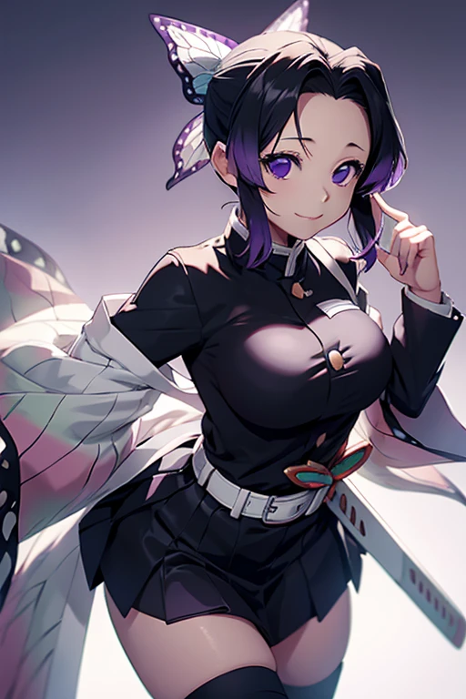 shinobu, cute, demon slayer uniform, black miniskirt, large breasts, best quality, no sword, best lighting